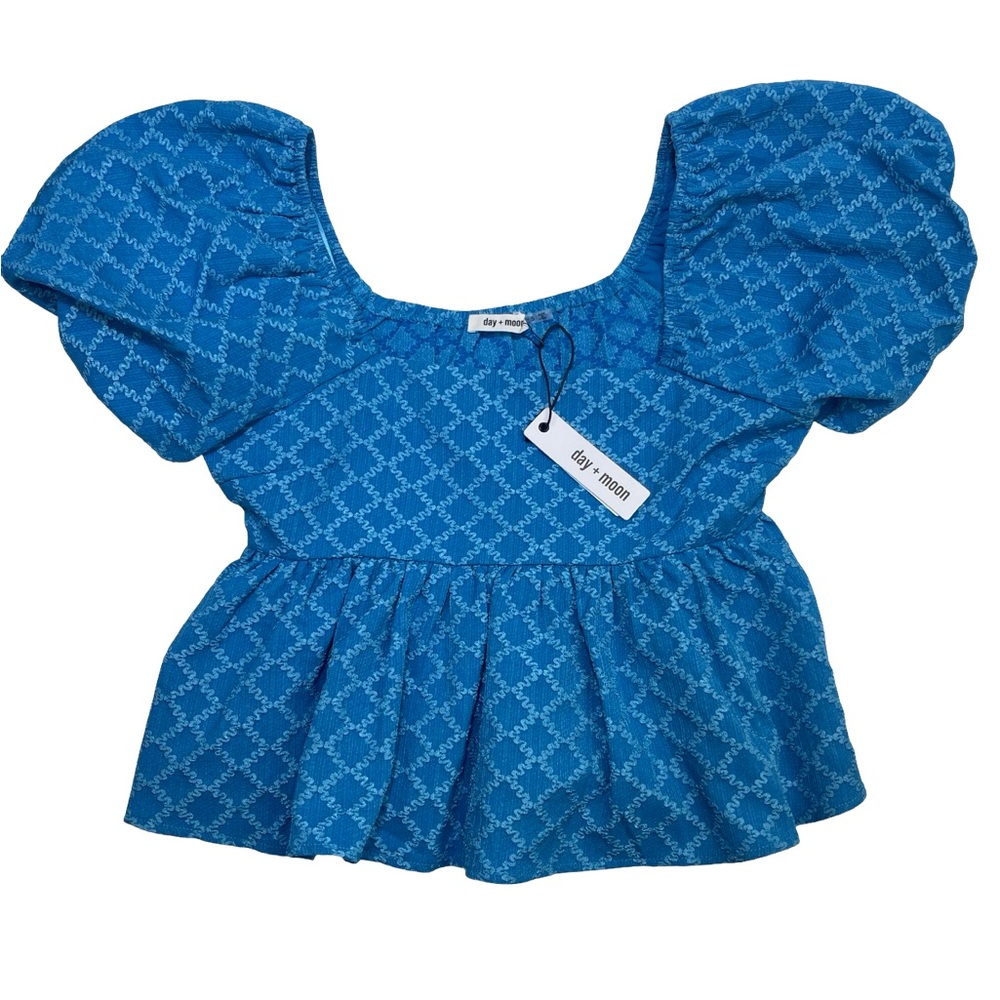 NWT Day + Moon Blue Puff Sleeve Peplum Crop Top